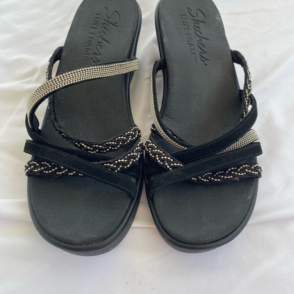 Skechers Luxe Foam Comfortable Multi Strap Slip On 2" Wedge Sandals, Black